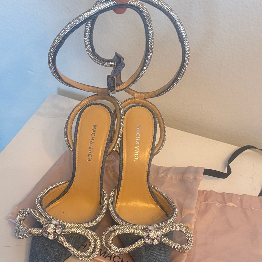 MACH & MACH Denim and Silver Bow Heels - Picture 6 of 9